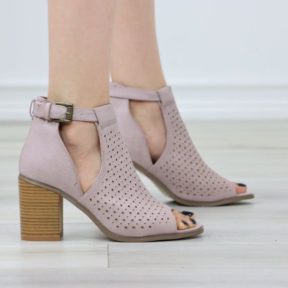Peep Toe Mauve Faux Leather Heeled Ankle Booties - Picture 4 of 11